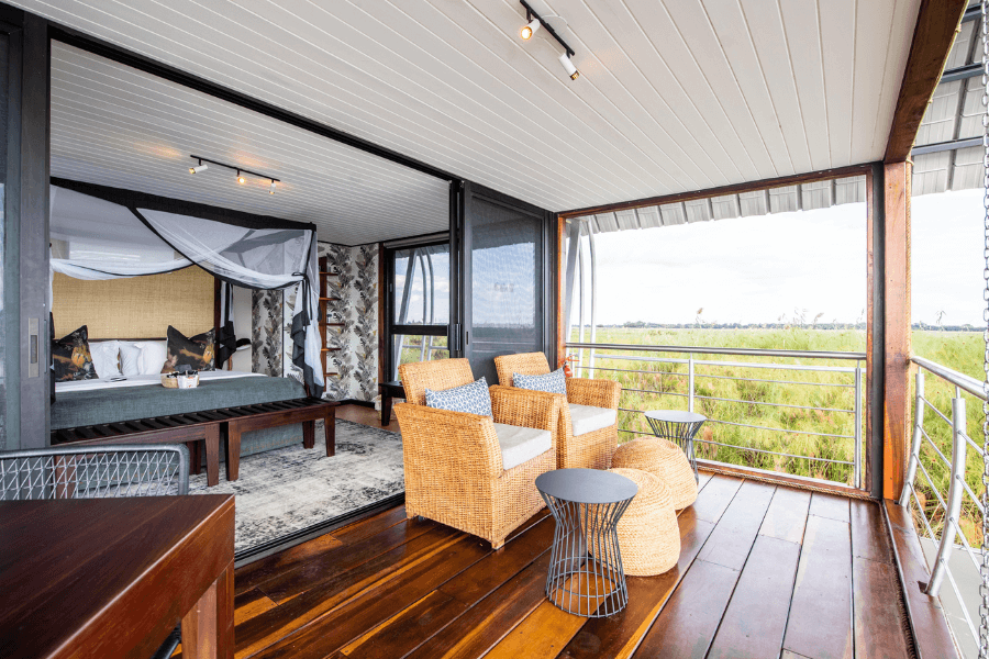 Lodge-style accommodation on the Caprivi Strip overlooking a peaceful river